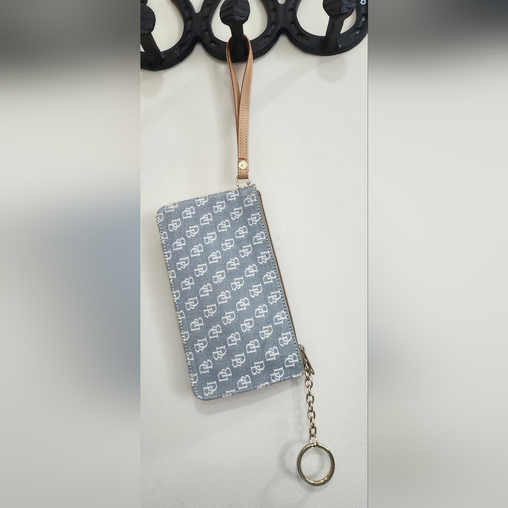 Dooney And Bourke Zip Purse Pouch Denim Signature DB Keychain Wristlet Leather - Picture 3 of 3